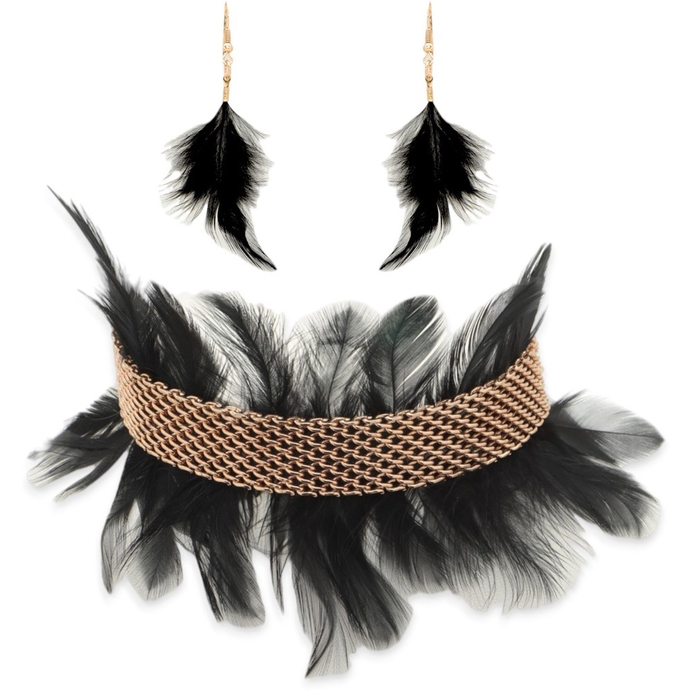 Gold Chain & Feather Choker Statement Necklace - Black, Gold, or Tan